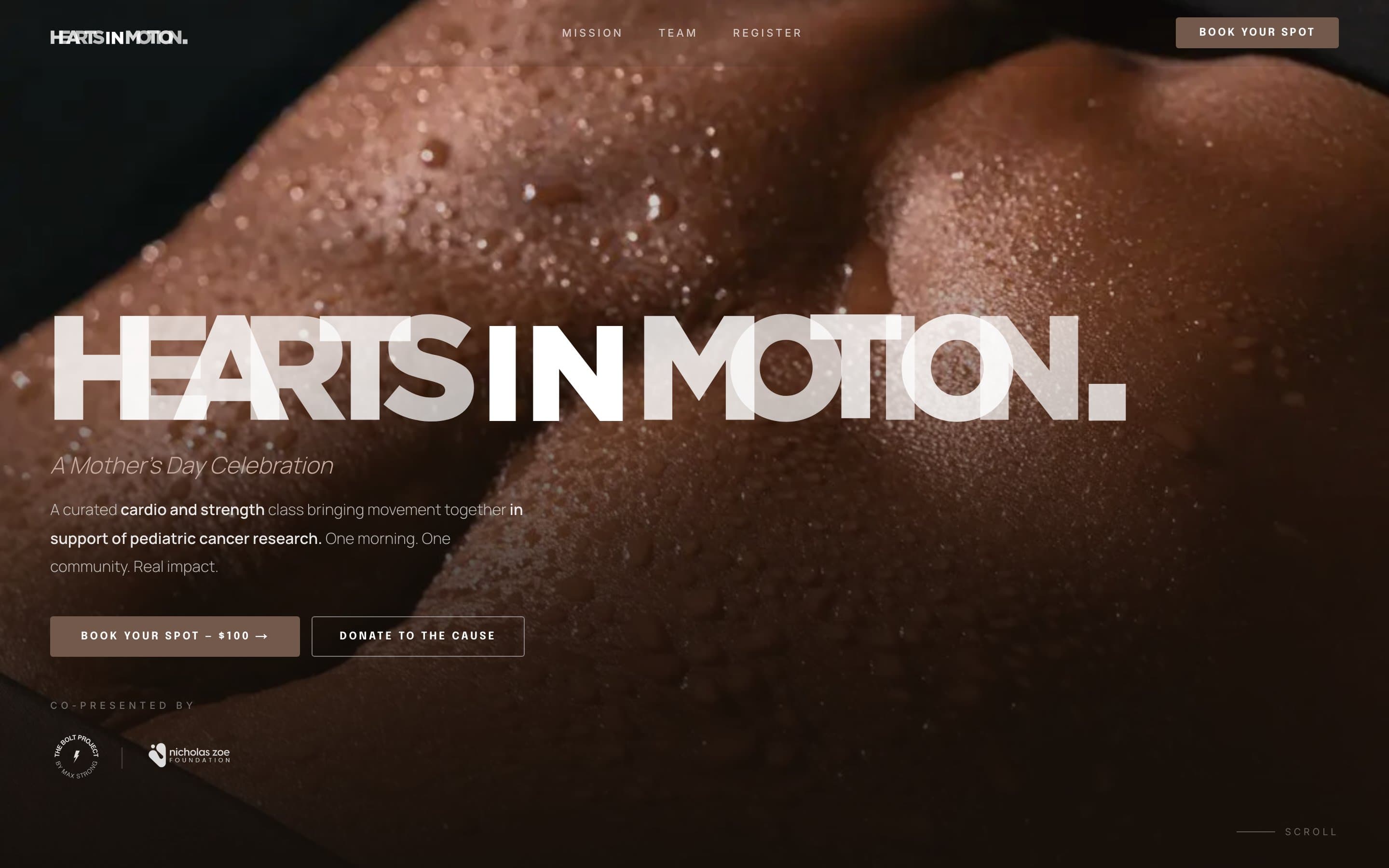 hearts in motion: Foundation event landing with kinetic motion and donation flow.